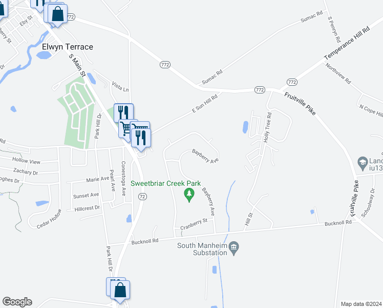 map of restaurants, bars, coffee shops, grocery stores, and more near 6245 Bayberry Avenue in Manheim