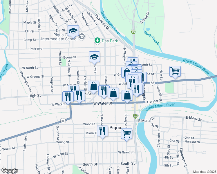 map of restaurants, bars, coffee shops, grocery stores, and more near 325 West Ash Street in Piqua