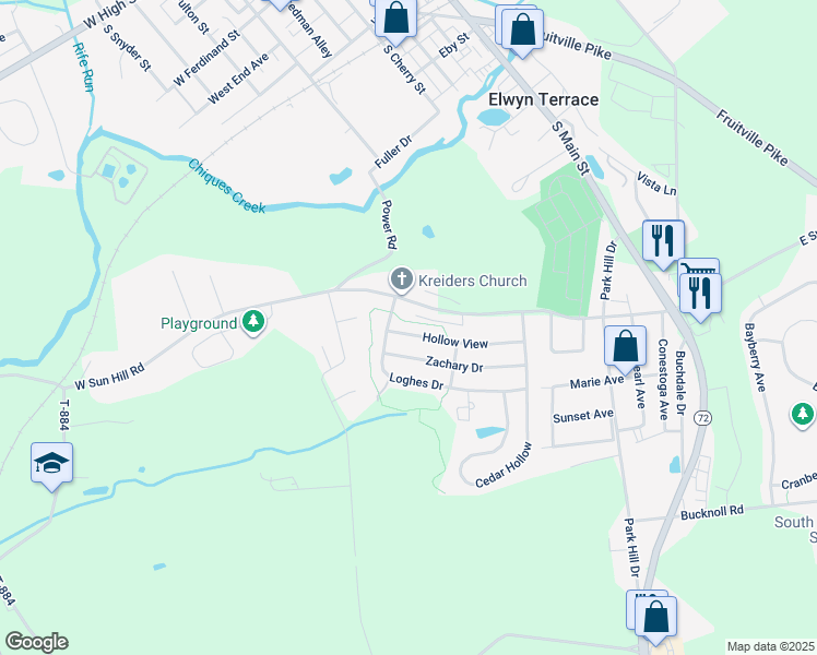 map of restaurants, bars, coffee shops, grocery stores, and more near 308 Hollow View in Manheim