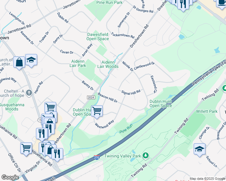 map of restaurants, bars, coffee shops, grocery stores, and more near 711 Signal Hill Road in Dresher