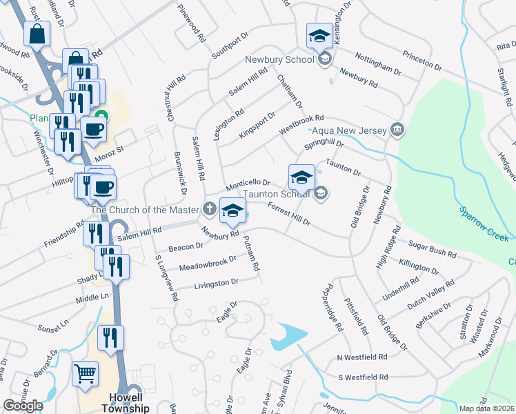 map of restaurants, bars, coffee shops, grocery stores, and more near 43 Forrest Hill Drive in Howell Township