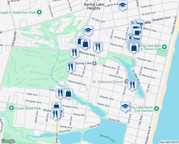map of restaurants, bars, coffee shops, grocery stores, and more near 558 Essex Avenue in Spring Lake