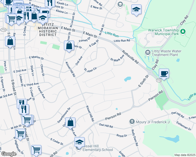 map of restaurants, bars, coffee shops, grocery stores, and more near 348 Pin Oak Drive in Lititz