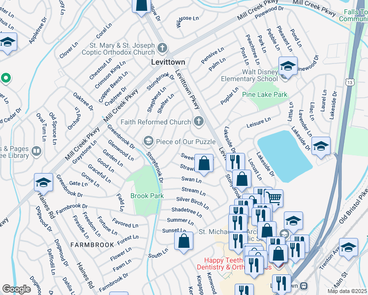 map of restaurants, bars, coffee shops, grocery stores, and more near 16 Starlight Lane in Levittown