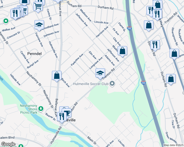 map of restaurants, bars, coffee shops, grocery stores, and more near 850 Willow Avenue in Langhorne