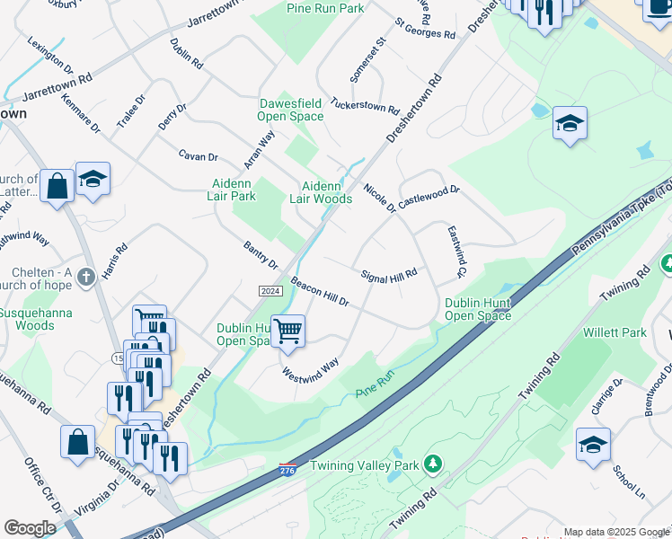 map of restaurants, bars, coffee shops, grocery stores, and more near 711 Signal Hill Road in Dresher