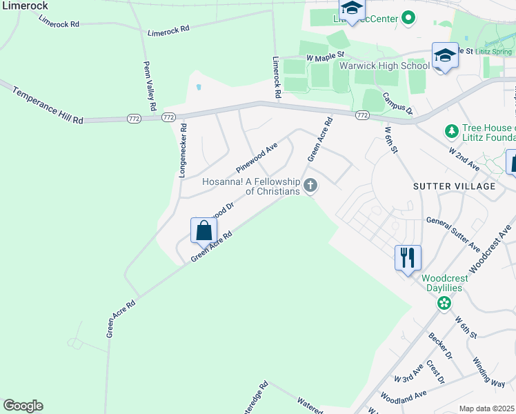 map of restaurants, bars, coffee shops, grocery stores, and more near 46 Green Acre Road in Lititz