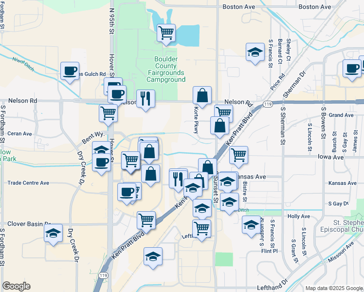 map of restaurants, bars, coffee shops, grocery stores, and more near 1820 Industrial Circle in Longmont