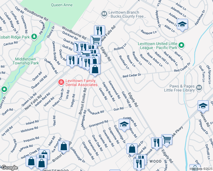 map of restaurants, bars, coffee shops, grocery stores, and more near 66 Gaping Rock Road in Levittown