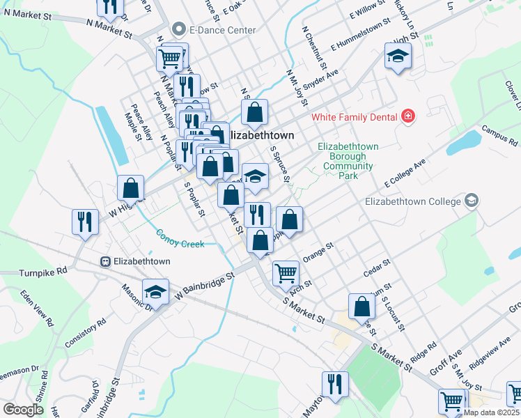 map of restaurants, bars, coffee shops, grocery stores, and more near 230 South Spruce Street in Elizabethtown
