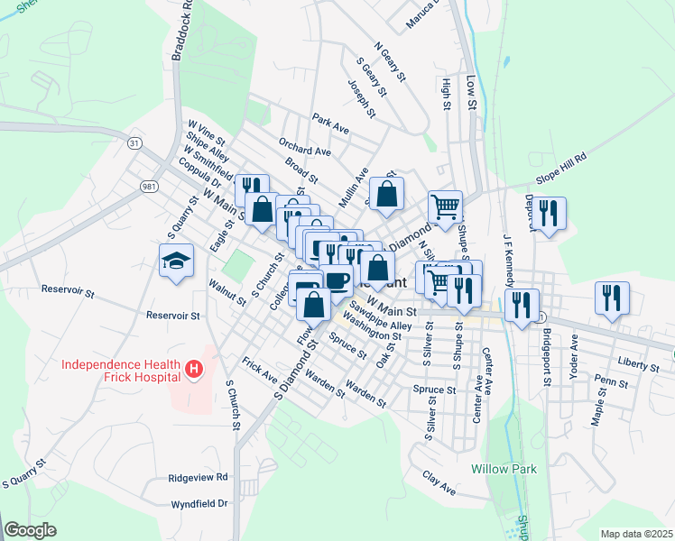 map of restaurants, bars, coffee shops, grocery stores, and more near 9 North Diamond Street in Mount Pleasant