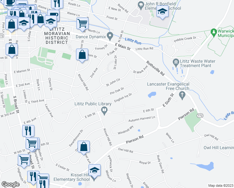 map of restaurants, bars, coffee shops, grocery stores, and more near 348 Pin Oak Drive in Lititz