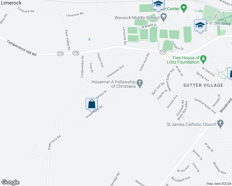 map of restaurants, bars, coffee shops, grocery stores, and more near 46 Green Acre Road in Lititz
