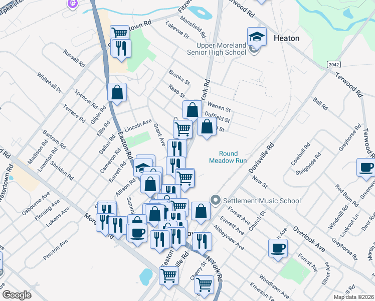 map of restaurants, bars, coffee shops, grocery stores, and more near North York Road in Willow Grove