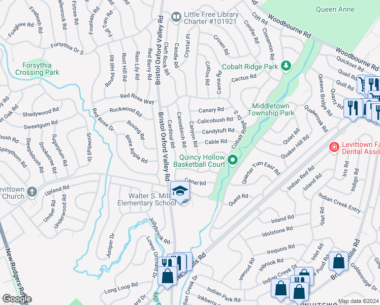 map of restaurants, bars, coffee shops, grocery stores, and more near 14 Canyon Road in Levittown