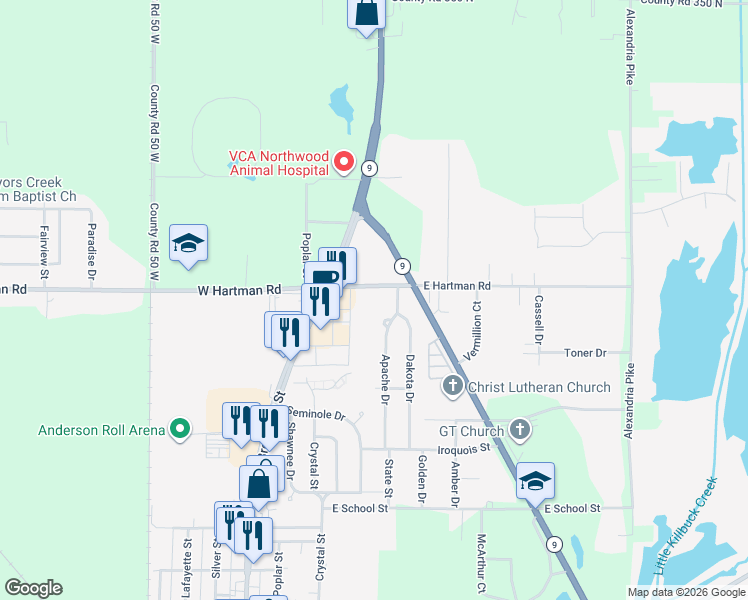map of restaurants, bars, coffee shops, grocery stores, and more near 2940 Broadway Street in Anderson
