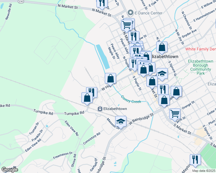 map of restaurants, bars, coffee shops, grocery stores, and more near 317 West High Street in Elizabethtown