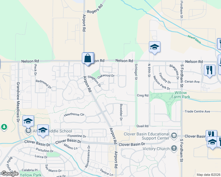 map of restaurants, bars, coffee shops, grocery stores, and more near 3703 Staghorn Drive in Longmont