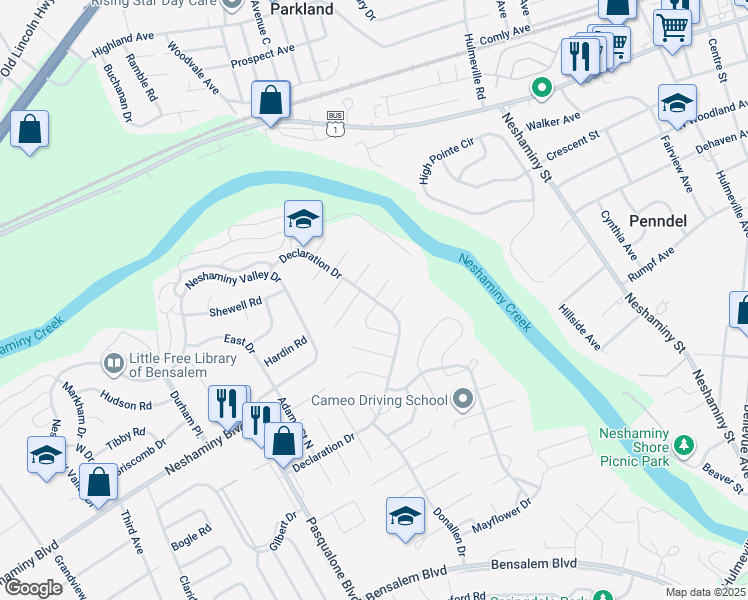 map of restaurants, bars, coffee shops, grocery stores, and more near 3100 Addison Court in Bensalem