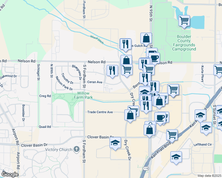map of restaurants, bars, coffee shops, grocery stores, and more near 1002 Alta Vita Court in Longmont