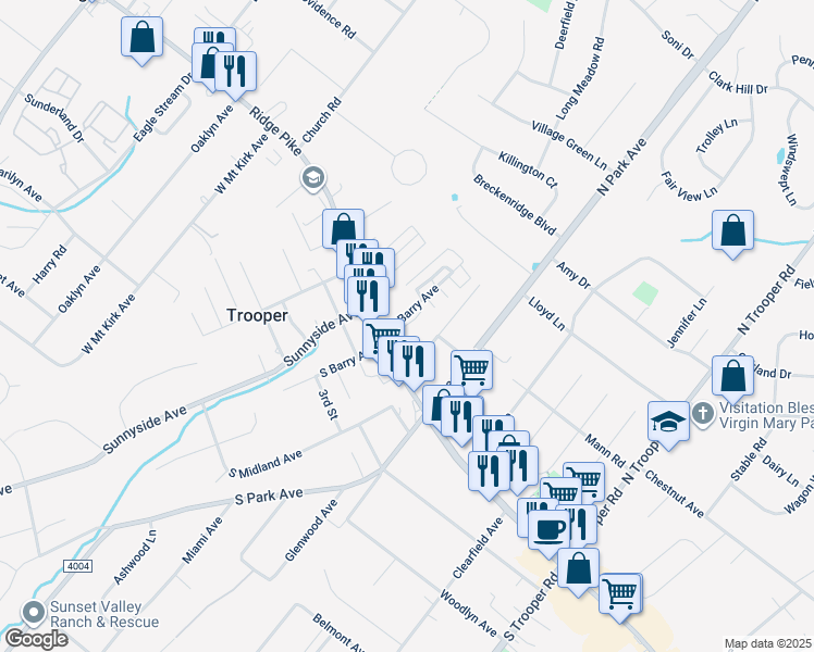 map of restaurants, bars, coffee shops, grocery stores, and more near 200 Auburn Drive in Trooper