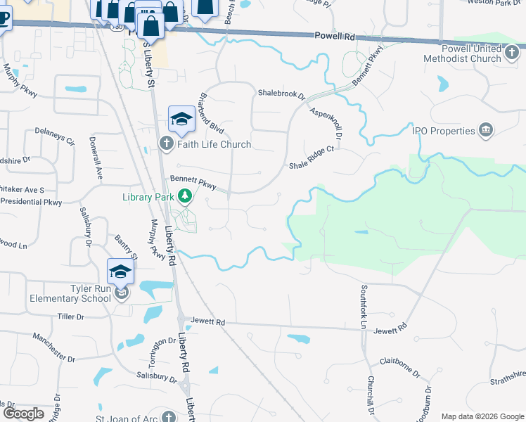 map of restaurants, bars, coffee shops, grocery stores, and more near 256 Bluff Ridge Court in Powell