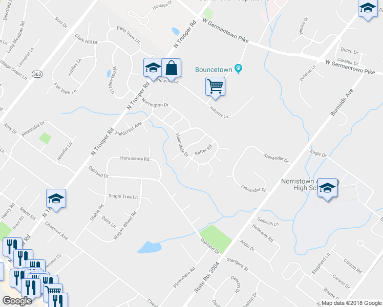 map of restaurants, bars, coffee shops, grocery stores, and more near 1005 Rafter Road in Eagleville