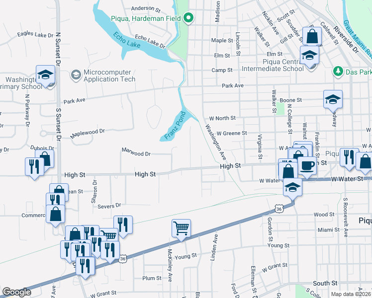 map of restaurants, bars, coffee shops, grocery stores, and more near 304 Short Drive in Piqua