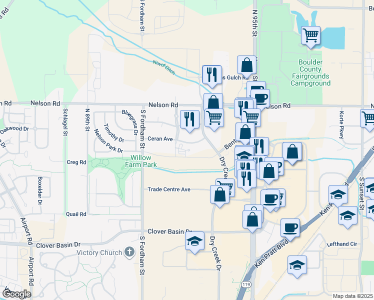 map of restaurants, bars, coffee shops, grocery stores, and more near 1002 Alta Vita Court in Longmont