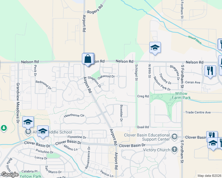 map of restaurants, bars, coffee shops, grocery stores, and more near 3703 Staghorn Drive in Longmont