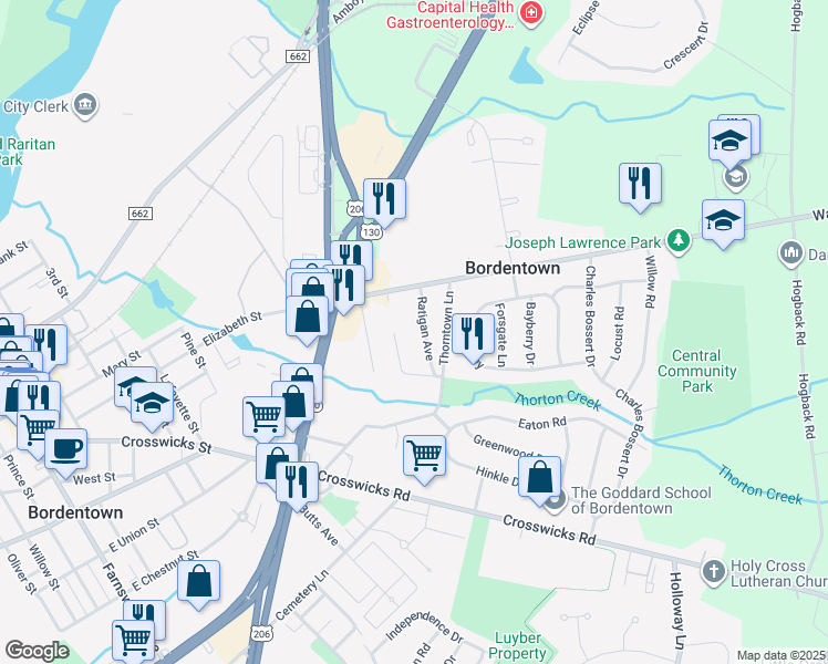map of restaurants, bars, coffee shops, grocery stores, and more near 15 Ratigan Avenue in Bordentown