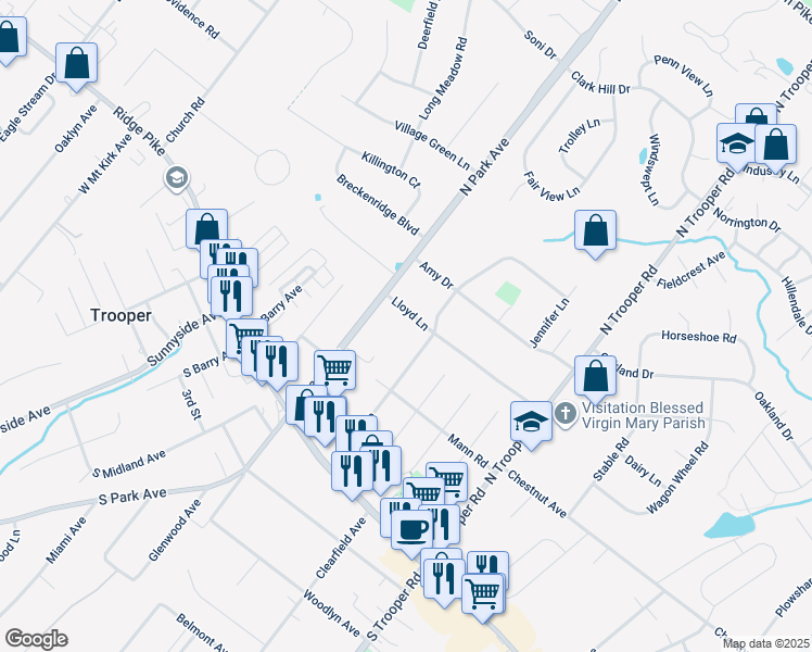 map of restaurants, bars, coffee shops, grocery stores, and more near 2704 Lloyd Lane in Eagleville