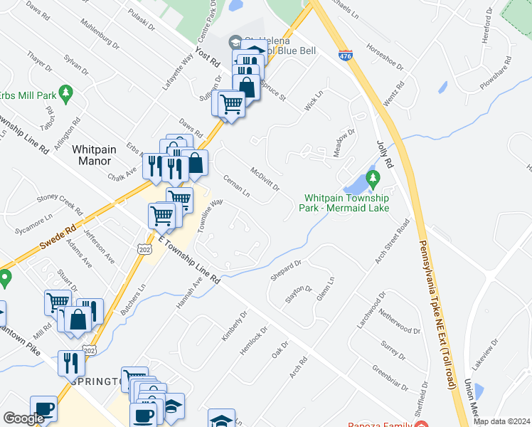 map of restaurants, bars, coffee shops, grocery stores, and more near 1316 Cernan Lane in Blue Bell