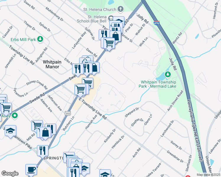 map of restaurants, bars, coffee shops, grocery stores, and more near 1401 Cherrie Circle in Blue Bell