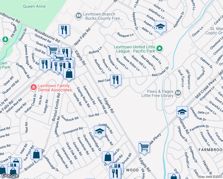 map of restaurants, bars, coffee shops, grocery stores, and more near 38 Roundabout Lane in Levittown