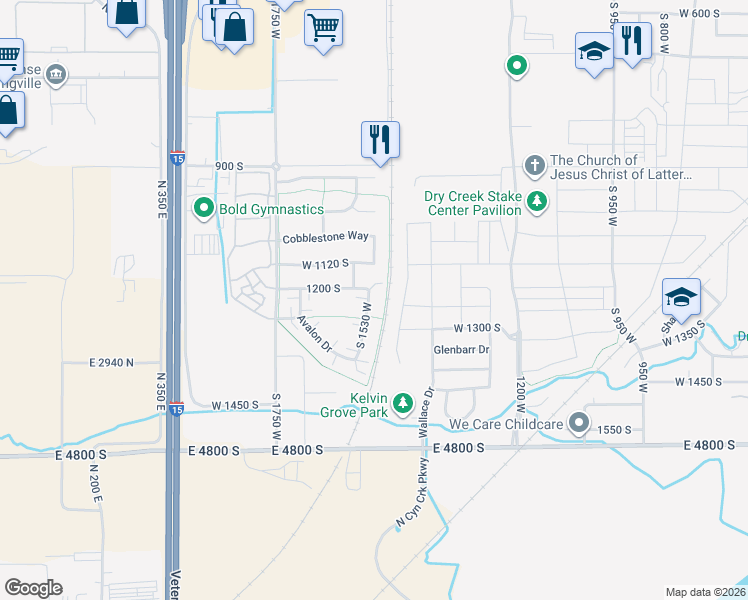 map of restaurants, bars, coffee shops, grocery stores, and more near 1221 South 1530 West in Springville