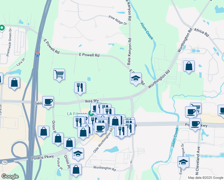 map of restaurants, bars, coffee shops, grocery stores, and more near 8770 Galaxy Way in Columbus