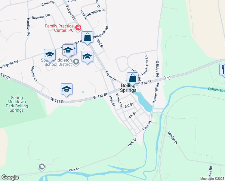 map of restaurants, bars, coffee shops, grocery stores, and more near 203 West 1st Street in Boiling Springs