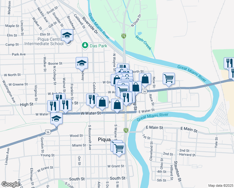 map of restaurants, bars, coffee shops, grocery stores, and more near 312 North Main Street in Piqua