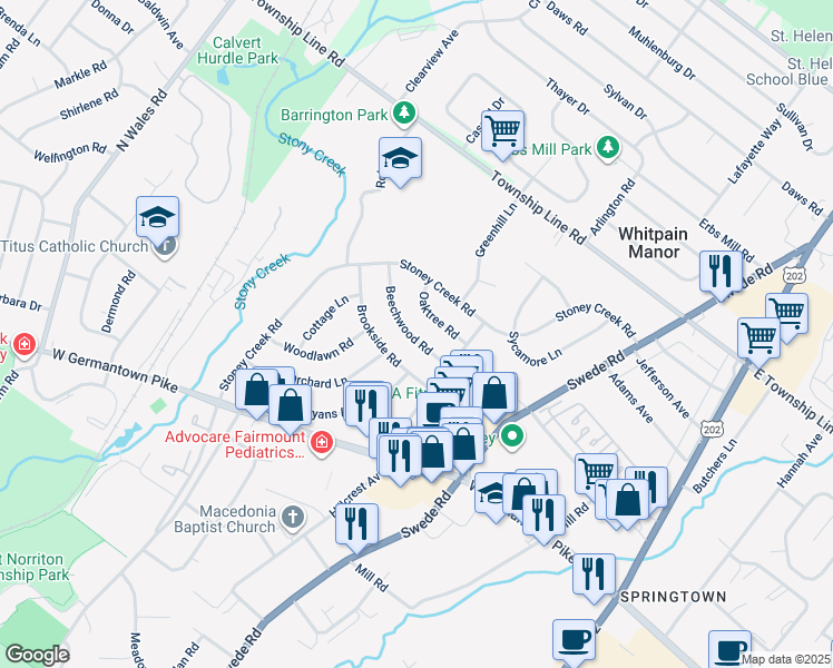 map of restaurants, bars, coffee shops, grocery stores, and more near 213 Beechwood Road in Montgomery County