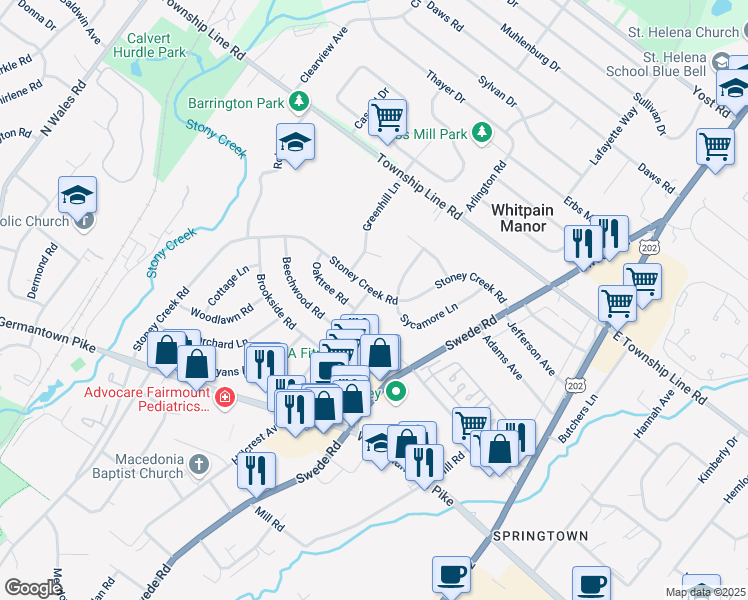 map of restaurants, bars, coffee shops, grocery stores, and more near 2944 Penn Square Road in Norristown