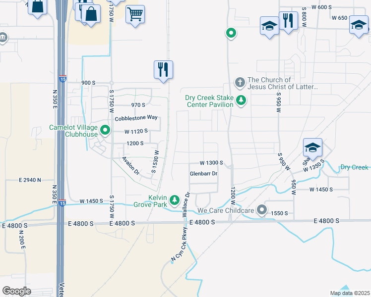 map of restaurants, bars, coffee shops, grocery stores, and more near 1446 West 1250 South in Springville