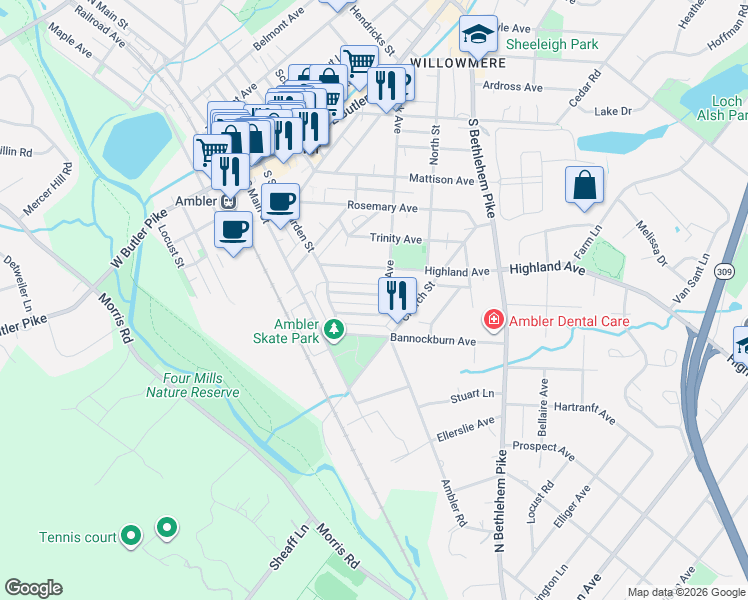 map of restaurants, bars, coffee shops, grocery stores, and more near 270 East Park Avenue in Ambler