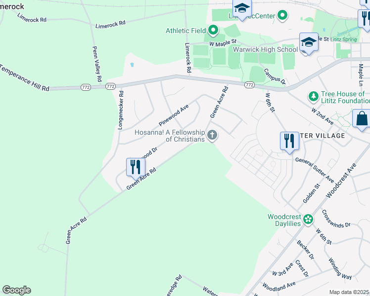 map of restaurants, bars, coffee shops, grocery stores, and more near 42 Green Acre Road in Lititz
