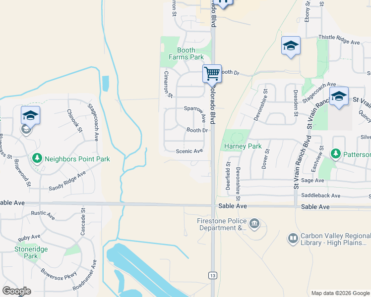 map of restaurants, bars, coffee shops, grocery stores, and more near 5869 Scenic Avenue in Longmont
