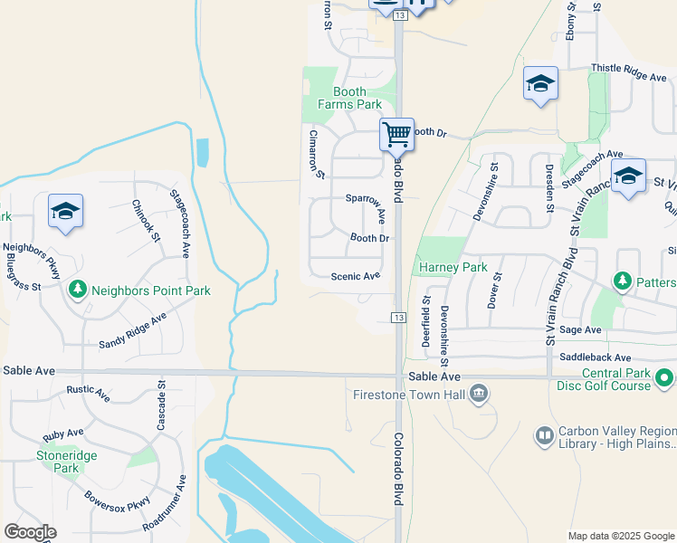 map of restaurants, bars, coffee shops, grocery stores, and more near 5858 Scenic Avenue in Longmont