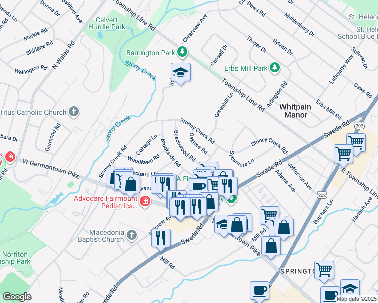 map of restaurants, bars, coffee shops, grocery stores, and more near 213 Beechwood Road in Montgomery County