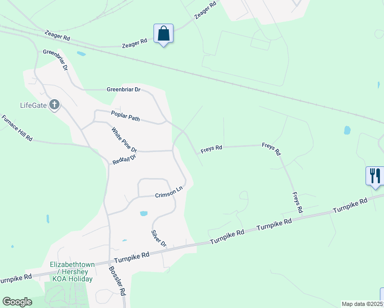 map of restaurants, bars, coffee shops, grocery stores, and more near 87 Greenbriar Drive in Elizabethtown