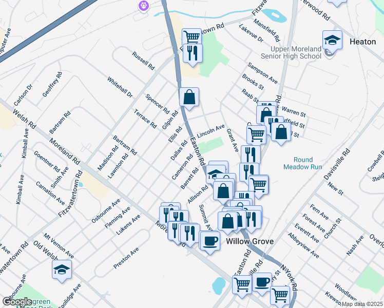 map of restaurants, bars, coffee shops, grocery stores, and more near 342 Cameron Road in Willow Grove
