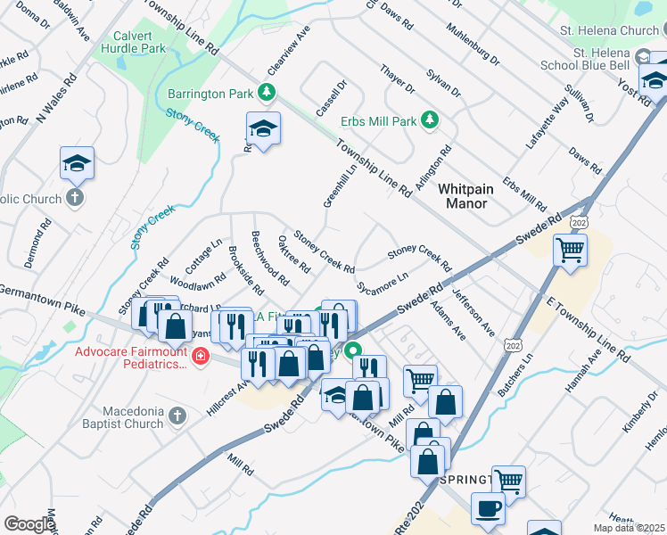 map of restaurants, bars, coffee shops, grocery stores, and more near 2944 Penn Square Road in Norristown